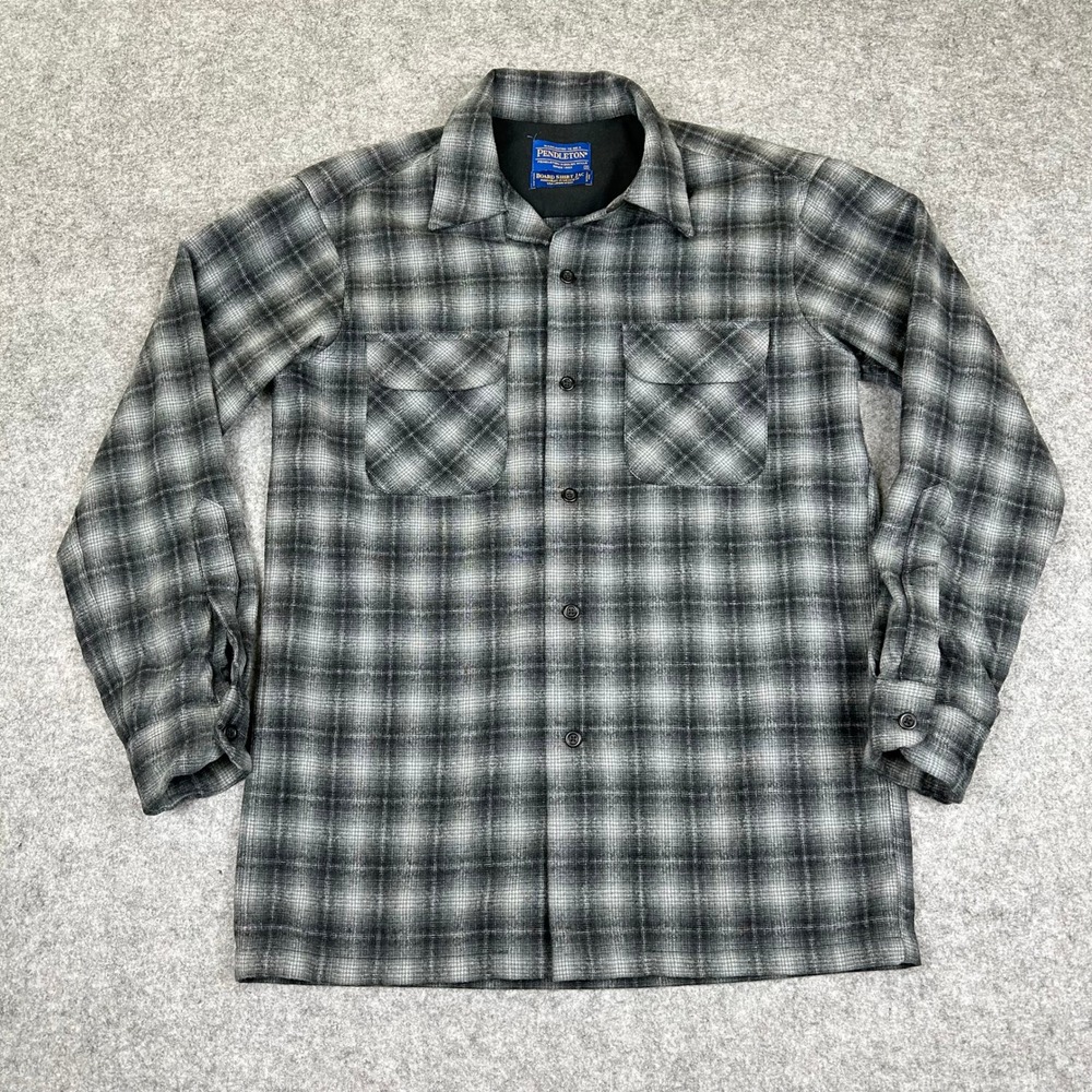 EUC Vintage Pendleton Shadow Plaid Ombre Grey Board Shirt Rockabilly Surf Wool S